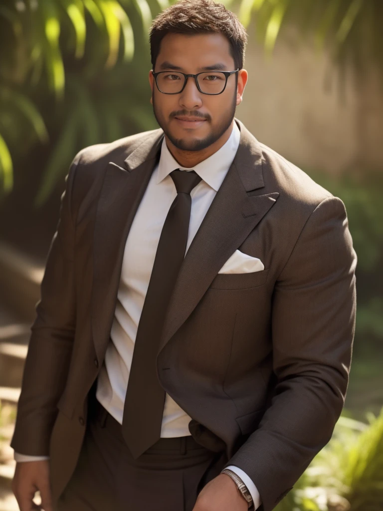 An award-winning original photo，a handsome 38-year-old man, crew cut, (((full body))), (((landscape))), mature man, [slightly fat], asian man, brown eyes, rounded face, glasses, slightly balding, 1boy, Solo, (big shoulders), (((stubbles, Short beard))), (((full beard))), (Beautiful eyes:1.3), (Detailed face:1.3), wearing glasses, Dynamic Angle, volumetric lighting, (Best quality, A high resolution, Photorealistic), Cinematic lighting, Masterpiece, RAW photo, Intricate details, (extremely detailed 8k wallpaper), masterpiece 16k photo, (best quality)), ((masterpiece)), (detailed), An award-winning original photo，A wild muscular man, 1boy, Solo, (grey suit), (black trouser), (black dress shirt), (grey necktie), (big shoulders), musculature, stubbles, Short beard, Beautiful eyes:1.3, ), (Detailed face:1.3), wearing glasses, smiles, Dynamic Angle, volumetric lighting, (Best quality, A high resolution, Photorealistic), Cinematic lighting, Masterpiece, RAW photo, Intricate details, hdr, depth of field, upper body shot