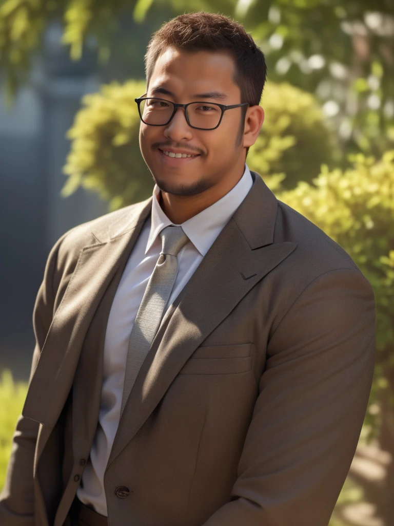An award-winning original photo，a handsome 38-year-old man, crew cut, (((full body))), (((landscape))), mature man, [slightly fat], asian man, brown eyes, rounded face, glasses, slightly balding, 1boy, Solo, (big shoulders), (((stubbles, Short beard))), (((full beard))), (Beautiful eyes:1.3), (Detailed face:1.3), wearing glasses, Dynamic Angle, volumetric lighting, (Best quality, A high resolution, Photorealistic), Cinematic lighting, Masterpiece, RAW photo, Intricate details, (extremely detailed 8k wallpaper), masterpiece 16k photo, (best quality)), ((masterpiece)), (detailed), An award-winning original photo，A wild muscular man, 1boy, Solo, (grey suit), (black trouser), (black dress shirt), (grey necktie), (big shoulders), musculature, stubbles, Short beard, Beautiful eyes:1.3, ), (Detailed face:1.3), wearing glasses, smiles, Dynamic Angle, volumetric lighting, (Best quality, A high resolution, Photorealistic), Cinematic lighting, Masterpiece, RAW photo, Intricate details, hdr, depth of field, upper body shot