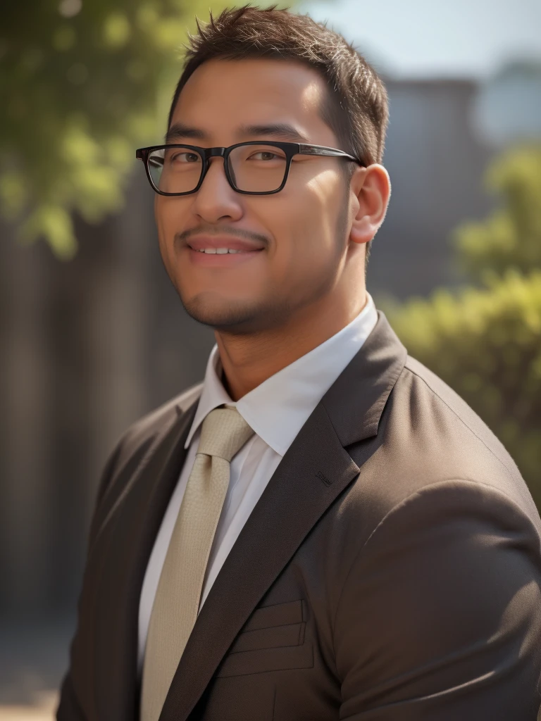 An award-winning original photo，a handsome 38-year-old man, crew cut, (((full body))), (((landscape))), mature man, [slightly fat], asian man, brown eyes, rounded face, glasses, slightly balding, 1boy, Solo, (big shoulders), (((stubbles, Short beard))), (((full beard))), (Beautiful eyes:1.3), (Detailed face:1.3), wearing glasses, Dynamic Angle, volumetric lighting, (Best quality, A high resolution, Photorealistic), Cinematic lighting, Masterpiece, RAW photo, Intricate details, (extremely detailed 8k wallpaper), masterpiece 16k photo, (best quality)), ((masterpiece)), (detailed), An award-winning original photo，A wild muscular man, 1boy, Solo, (grey suit), (black trouser), (black dress shirt), (grey necktie), (big shoulders), musculature, stubbles, Short beard, Beautiful eyes:1.3, ), (Detailed face:1.3), wearing glasses, smiles, Dynamic Angle, volumetric lighting, (Best quality, A high resolution, Photorealistic), Cinematic lighting, Masterpiece, RAW photo, Intricate details, hdr, depth of field, upper body shot