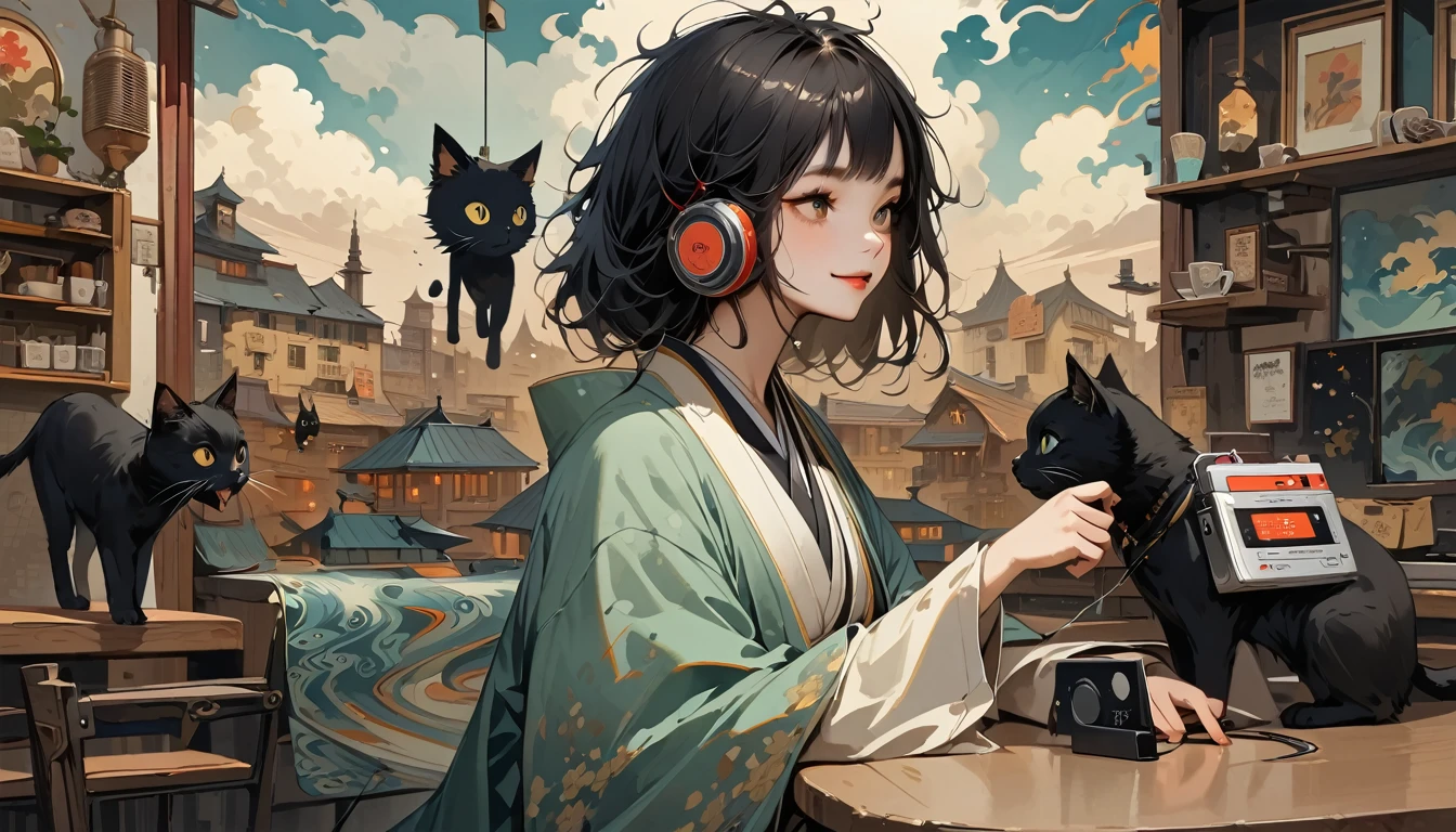 ((Masterpiece, high resolution, highest quality, highest quality real texture skin)), (1 girl), (wearing Japanese pattern headphones), (slender, double round and large Eyes, tongue slightly sticking out, beautiful lips, whole body), (wearing Japanese pattern haori: 1.4, Japanese pattern shorts: 1.3) , (black hair, beautiful shiny hair, bob, beige skin), (((Smiling and drinking iced coffee))), (((Cafe with a calm atmosphere))), (((One black cat))), (((Music plays from a Showa era radio cassette player))), (Black hair, messy hair, beige skin), (Surreal, digital painting)