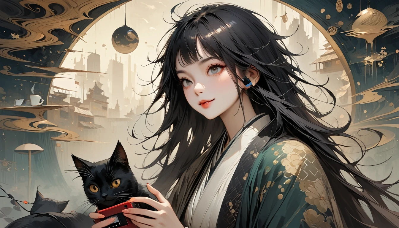 ((Masterpiece, high resolution, highest quality, highest quality real texture skin)), (1 girl), (wearing Japanese pattern headphones), (slender, double round and large Eyes, tongue slightly sticking out, beautiful lips, whole body), (wearing Japanese pattern haori: 1.4, Japanese pattern shorts: 1.3) , (black hair, beautiful shiny hair, bob, beige skin), (((Smiling and drinking iced coffee))), (((Cafe with a calm atmosphere))), (((One black cat))), (((Music plays from a Showa era radio cassette player))), (Black hair, messy hair, beige skin), (Surreal, digital painting)