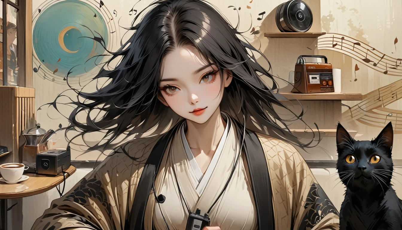 ((Masterpiece, high resolution, highest quality, highest quality real texture skin)), (1 girl), (wearing Japanese pattern headphones), (slender, double round and large Eyes, tongue slightly sticking out, beautiful lips, whole body), (wearing Japanese pattern haori: 1.4, Japanese pattern shorts: 1.3) , (black hair, beautiful shiny hair, bob, beige skin), (((Smiling and drinking iced coffee))), (((Cafe with a calm atmosphere))), (((One black cat))), (((Music plays from a Showa era radio cassette player))), (Black hair, messy hair, beige skin), (Surreal, digital painting)