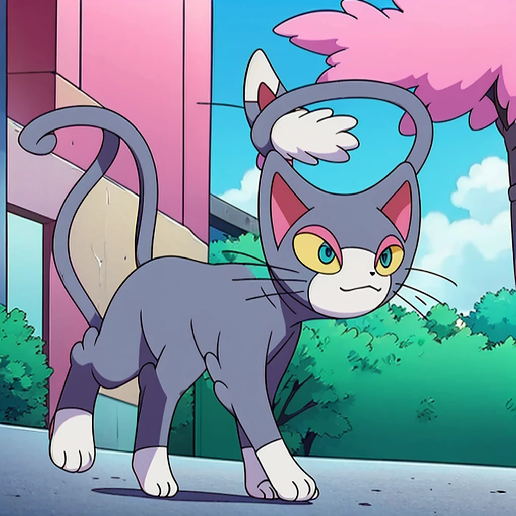 (masterpiece, best quality:1.2),glameow, dual colored fur, grey fur, white fur, green eyes, colored sclera, yellow sclera, pink eyelid, spiraled tail, city background, walking on sidewalk, quadruped, on all fours