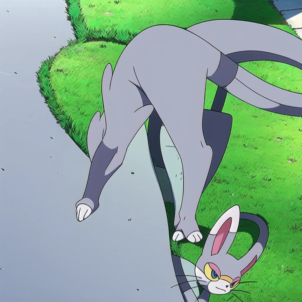 (masterpiece, best quality:1.2),glameow, dual colored fur, grey fur, white fur, green eyes, colored sclera, yellow sclera, pink eyelid, spiraled tail, city background, walking on sidewalk, quadruped, on all fours