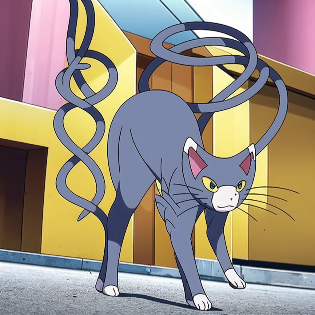 (masterpiece, best quality:1.2),glameow, dual colored fur, grey fur, white fur, green eyes, colored sclera, yellow sclera, pink eyelid, spiraled tail, city background, walking on sidewalk, quadruped, on all fours