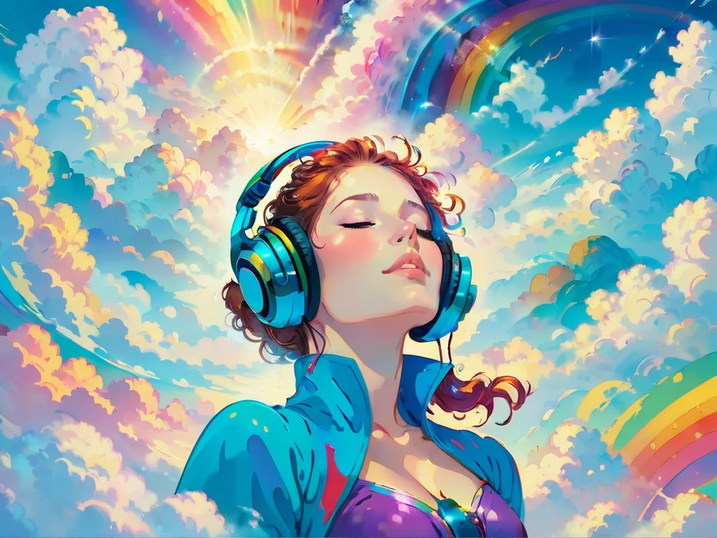 A stunningly ethereal woman, wearing headphones, composed of a dazzling array of rainbow hues, reclines gracefully at the end of a radiant rainbow amidst the fluffy clouds in the sky. Bathed in dynamic and enchanting lighting, accentuates her vibrant, full-bodied form. Fantasy art. Masterpiece