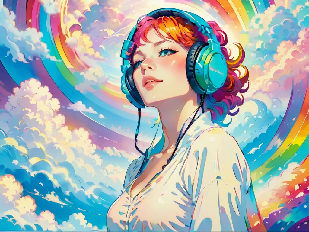 A stunningly ethereal woman, wearing headphones, composed of a dazzling array of rainbow hues, reclines gracefully at the end of a radiant rainbow amidst the fluffy clouds in the sky. Bathed in dynamic and enchanting lighting, accentuates her vibrant, full-bodied form. Fantasy art. Masterpiece