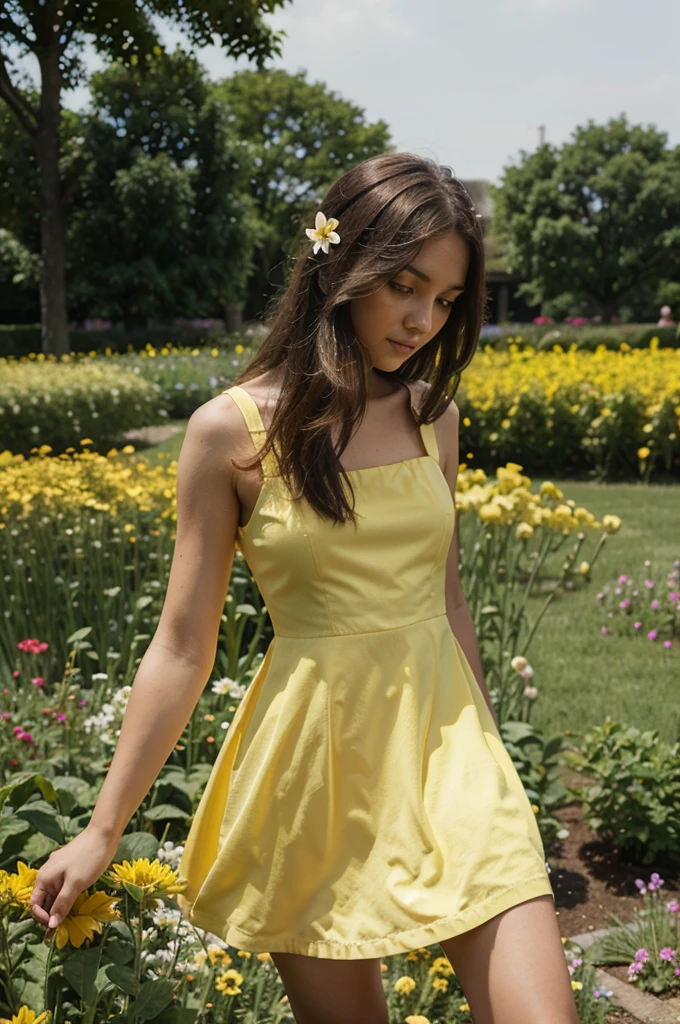 depict the girl in the yellow dress in the flower garden