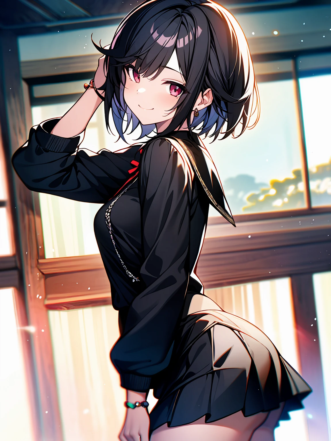 (masterpiece, highest quality, highest quality, (No text), Beautiful and aesthetic:1.2),No text,anime、 BREAK,One Girl，Short black hair　Beautiful eyes　Red eyes　cool　smile　cute　Black jacket　mini skirt　whole body　night