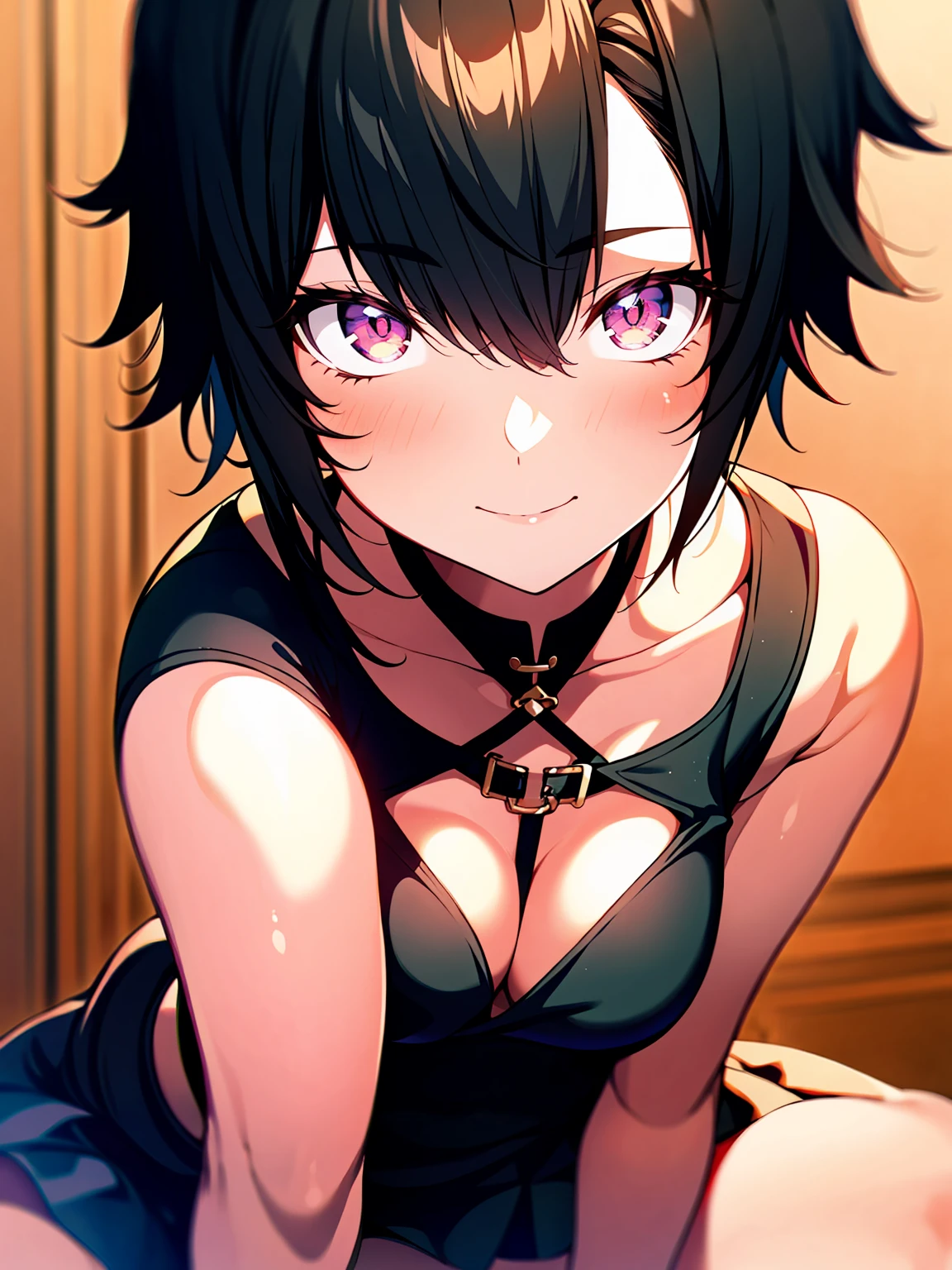 (masterpiece, highest quality, highest quality, (No text), Beautiful and aesthetic:1.2),No text,anime、 BREAK,One Girl，Short black hair　Beautiful eyes　Red eyes　cool　smile　cute　Black jacket　mini skirt　whole body　night