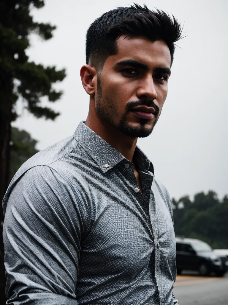(photo RAW), Candid ((portrait)) photograph of a 28yo dg_Miguel man, anxious, short hair, plump, eyes, stubble,masterpiece, top quality, best quality, official art,intricate detailed,highest detailed,depth of field,bokeh,realistic natural lighting,complex, 4k HDR, dusty atmospheric haze, high quality textures of materials, volumetric textures, coating textures, ((shirt)),