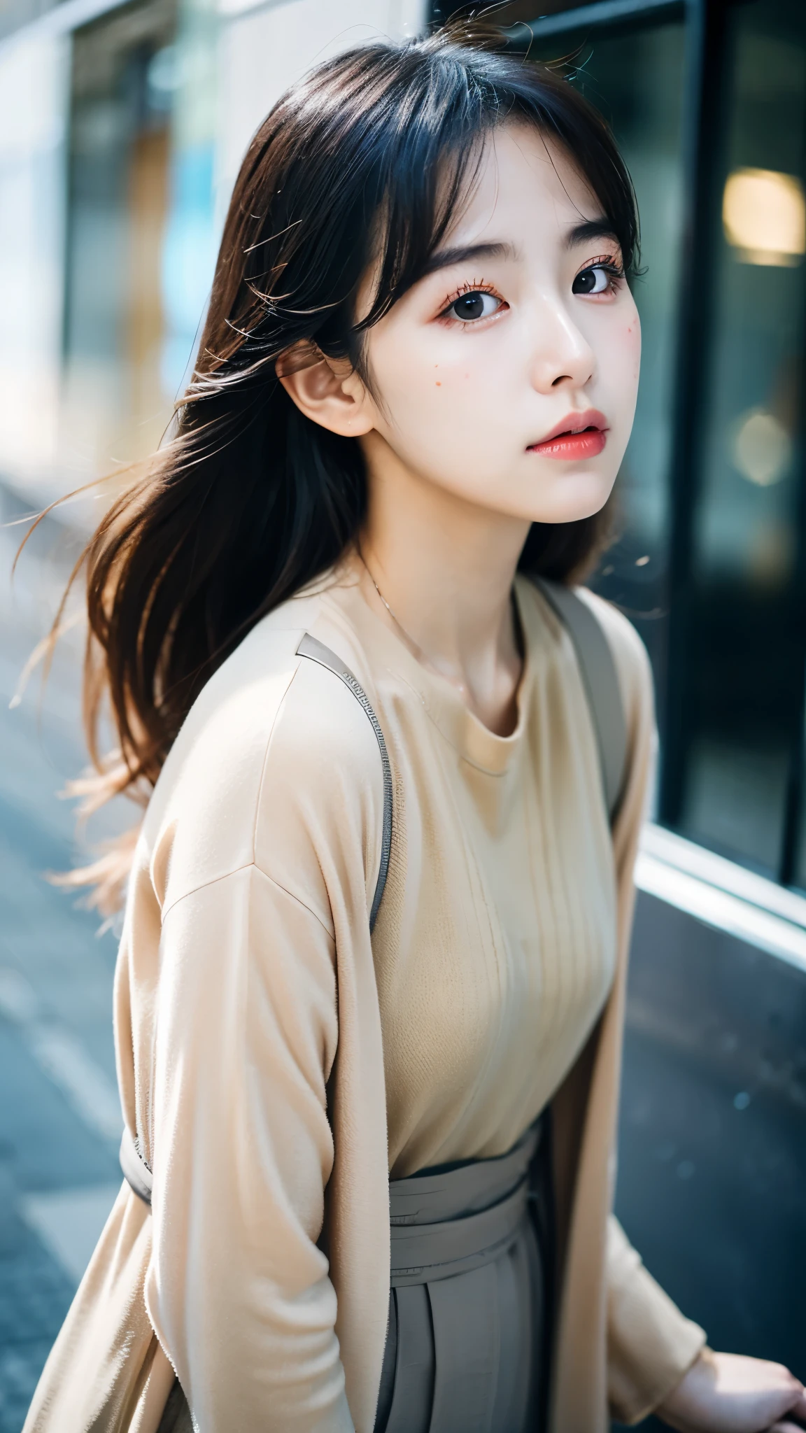Cinematic Photo of a beautiful korean fashion model bokeh train