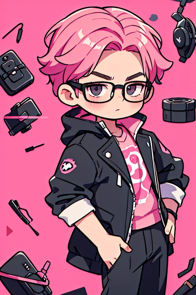 black pants, Sharp image, man, pink hair, wearing a pink jacket. , has a dull, bored face, wears round glasses, has short, neat hair,
