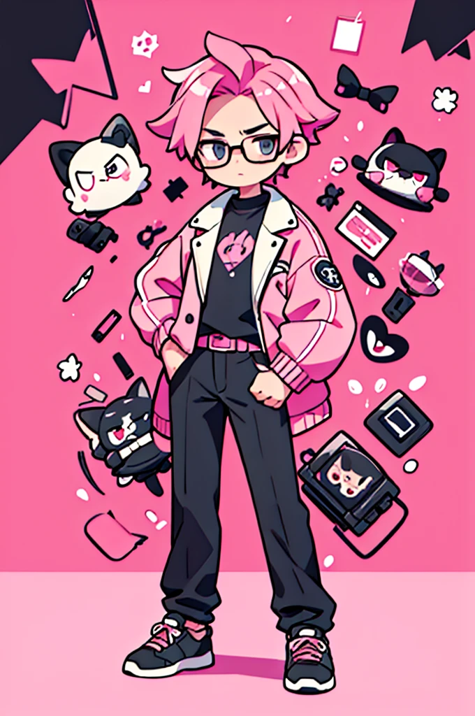 black pants, Sharp image, man, pink hair, wearing a pink jacket. , has a dull, bored face, wears round glasses, has short, neat hair,