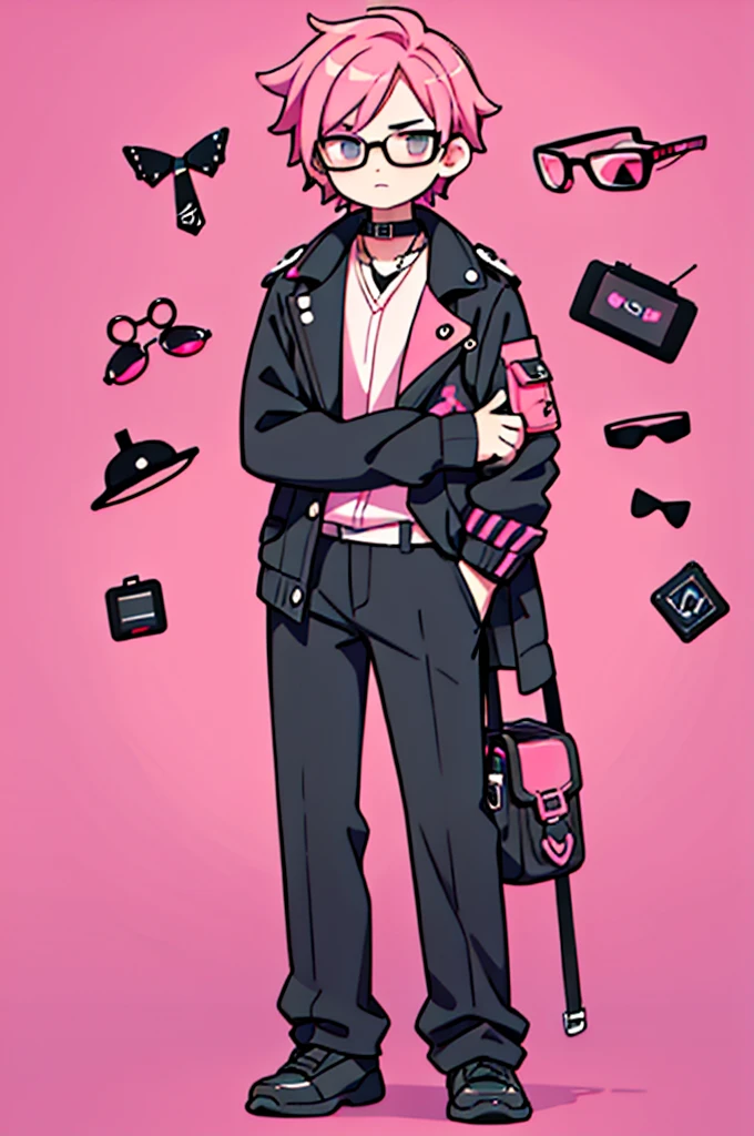 black pants, Sharp image, man, pink hair, wearing a pink jacket. , has a dull, bored face, wears round glasses, has short, neat hair,