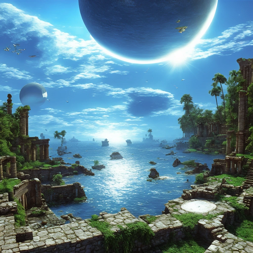 3d Art from 90s .Ancient ruins. There is a large white sphere in the center of the screen. Sea of ​​night. Many pirate ships are floating in the air.