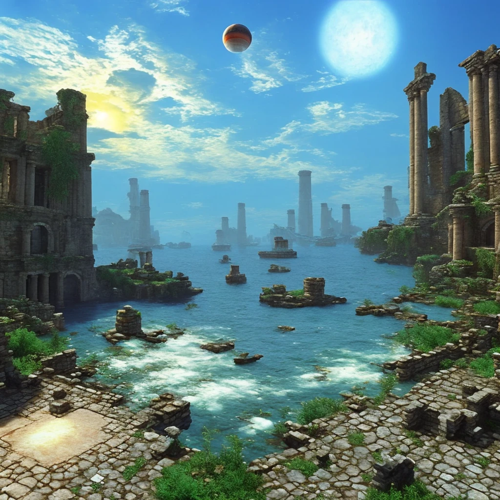 3d Art from 90s .Ancient ruins. There is a large white sphere in the center of the screen. Sea of night. Many pirate ships are floating in the air.