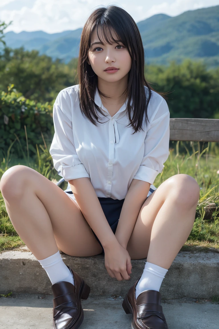 (8k, Highest quality, masterpiece: 1.2), (Realistic, photoRealistic: 1.2), sitting, (Panty shot)))), (Spread your legs)))), alone, Beautifully defined skies, night, Wet, Observe your audience, (sit: 1.5), date, future, (Nose brush), smile, Big Breasts, Beautiful Eyes,), (Dark Blonde: 1), (short hair :1.1), Panty shot, Spread your legs, skirt, , White panties, socks, Black Hair, shirt, Blurred, Blurred background, Knee-length, 白のshirt, loafers, Realistic, Long Hair, lips, Brown eyes, 黒のsocks, tie, プリーツskirt, bow, Headrest, landscape, Outdoor, Brown footwear, masterpiece, Highest quality, Very detailed, ((((Panty shot))), (((Spread your legs))),