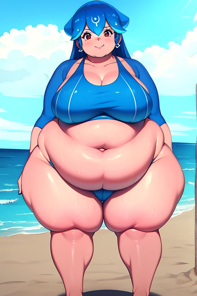 1woman, Bao, obese, big fat, soft, curvy, wide hips, large breasts, big belly, on the beach, beautiful onepieceswimsuit. blue hair.