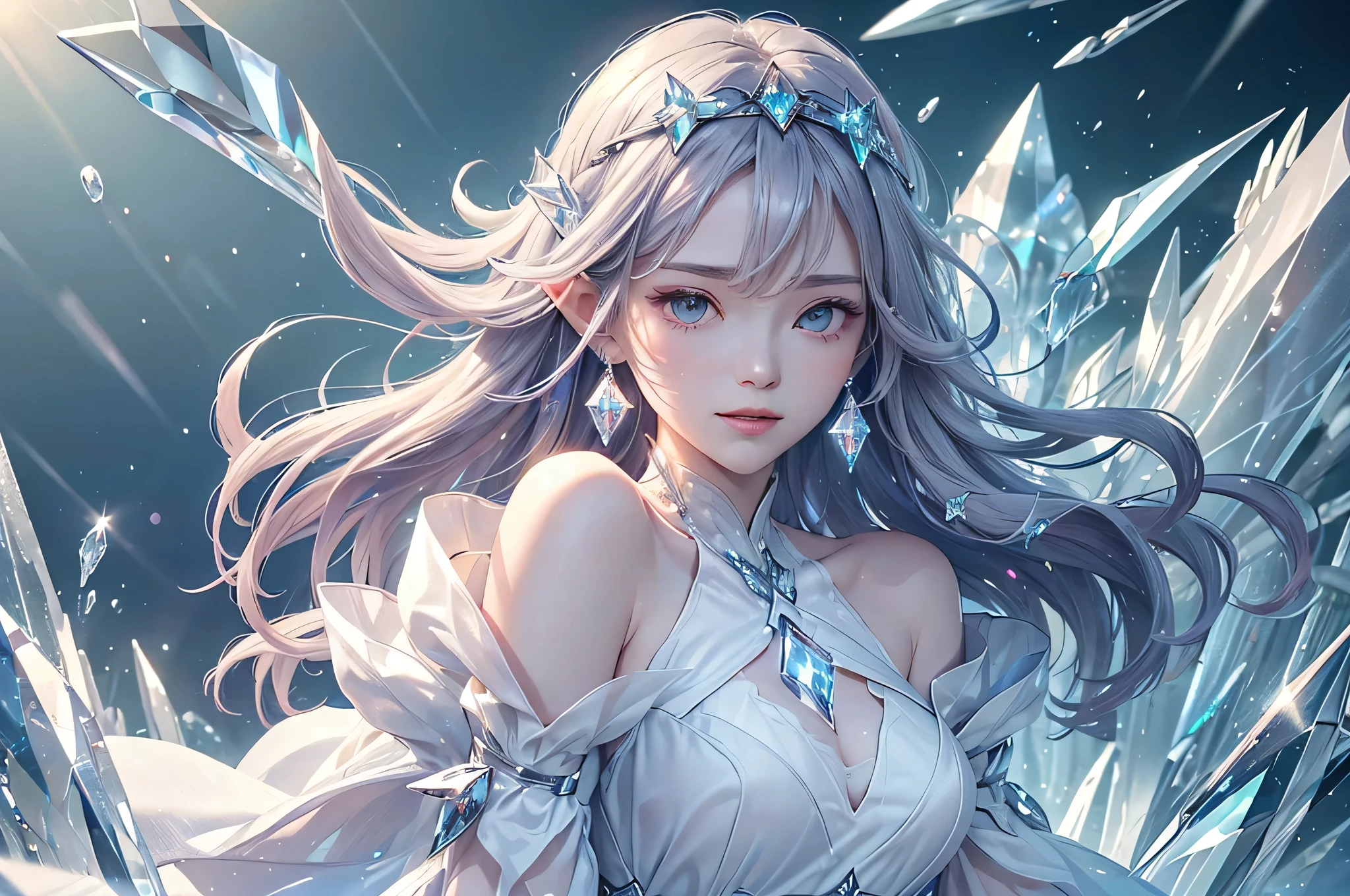 (masterpiece、Highest quality、Highest、Official Art、Beautiful and aesthetic、Long Exposure:1.2)、Smooth movement、Attractive patterns、One Girl、(Long dress with sleeves:1.3)、(((White clothes)))、Upper body close-up、Exposing shoulders、Korean Girls、smile、Light purple long hair、Portraiture、solo、Upper body、Looking at the observer、Detailed Background、Detailed face、(Crystallized AI、Crystal Theme:1.1)、Elemental Wind Elf、Rotating Wind、 Wind、White crystal clothes、Off the shoulder、Dynamic pose、Suspended particles、Aether Dynamics、Wind、vapor、背景にWind、White Tone、Wind、Ethereal atmosphere、medium breasts