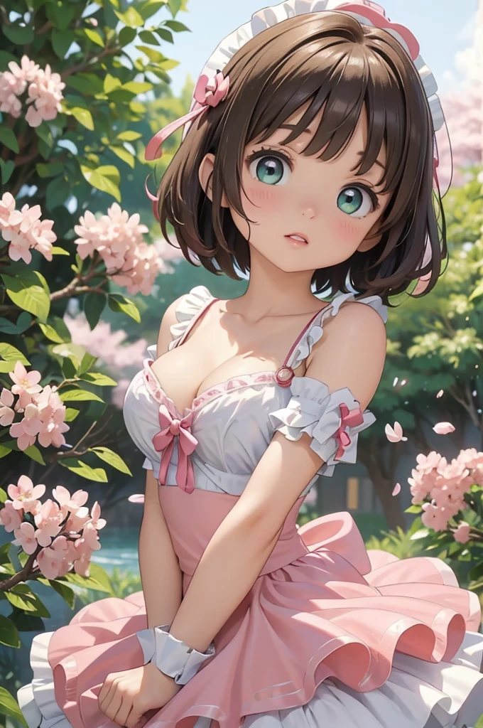 masterpiece, best quality, highres, perfect pixel, depth of field, 1girl, single, solo, beautiful anime girl, beautiful artstyle, (beautiful eyes), (detailed face), (blush), anime CG style, (medium breasts), good lighting, perfect body, lips parted, (sakura kinomoto:1.3), glossy lips, (maid), Off the shoulder、cleavage,  bright eyes,  (short hair:1.3)、Tea party、			
kinomoto sakura, cardcaptor sakura, , , green eyes, antenna hair, light brown hair, hair intakes, bangs,