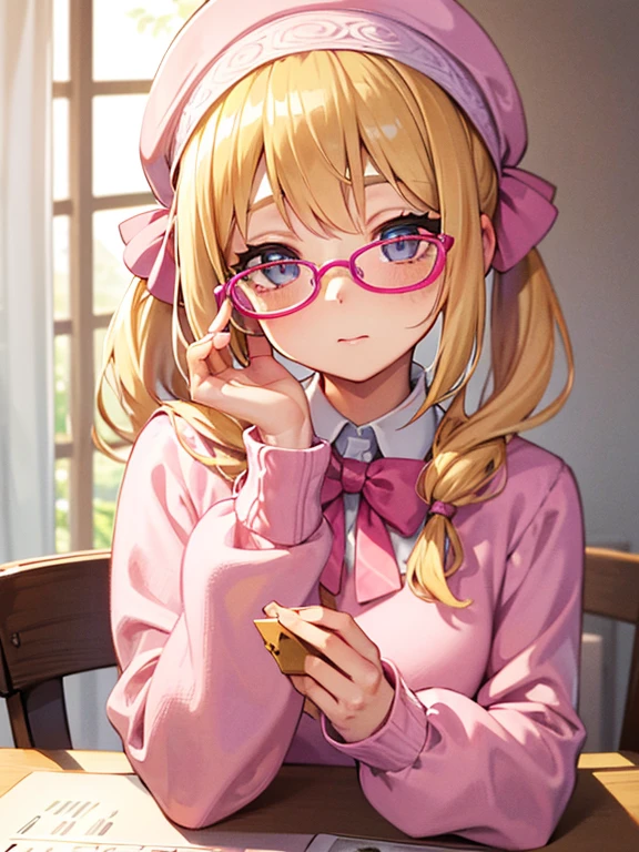 Masterpiece, high quality, Delicate eyes, hyper detail, detailed pen touch, glass-like eyes, 1girl, portrait, sidelighting, wallpaper, blonde hair, gray eye, pink sweater, Tiny short pigtail, pink berret, freckles, pink glasses, white pleated skirt, all shiny