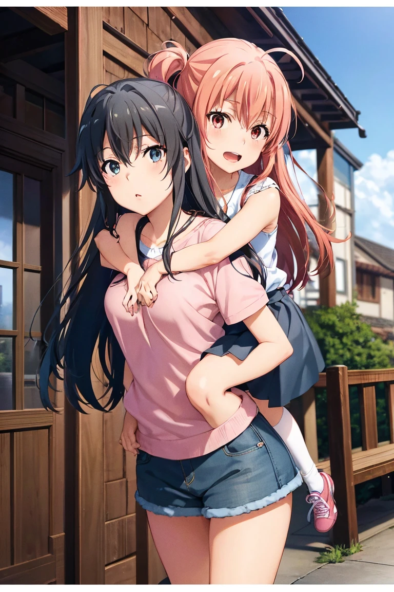 2 gril yukino Yukinoshita giving Yuigahama Yui piggyback ride, Yukinoshita Yukino takes a piggyback ride, size difference, yukino Yukinoshita, skyward sword,