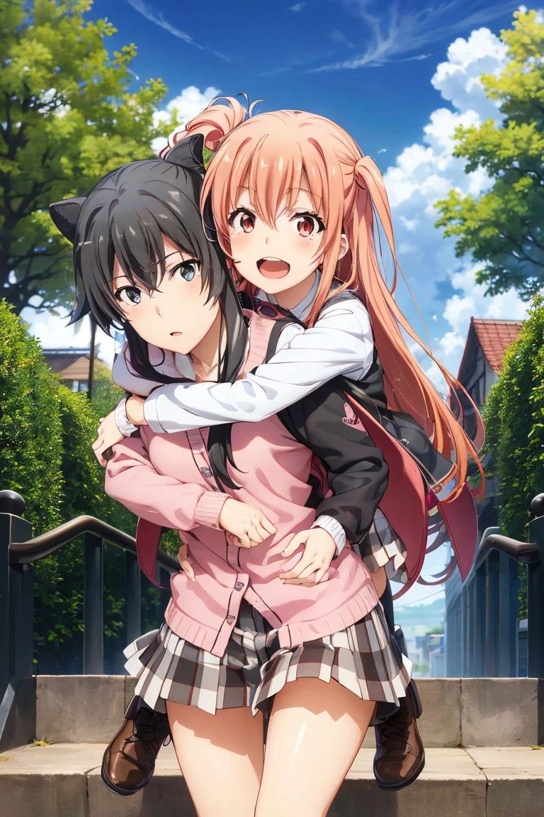 2 gril yukino Yukinoshita giving  Yuigahama Yui piggyback ride, Yukinoshita Yukino takes a piggyback ride, size difference, yukino Yukinoshita, skyward sword,
