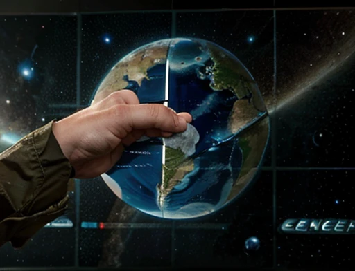 The general points with his finger to a large panel where the planet he will go to is located..