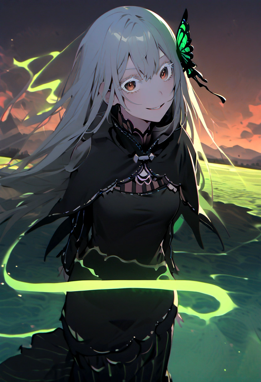 Absurd, High resolution, Super detailed, echidna, Brown eyes, Medium chest, Butterfly Hair Ornament, (Colored eyelashes:1.1), Capelet, Black Dress, Long sleeve, View your viewers, Wicked Smile, Otherworldly shades, Surreal Landscape, Invisible Light, Mysterious glow, Neon green glow, Vibrant colors, Ghostly Effects