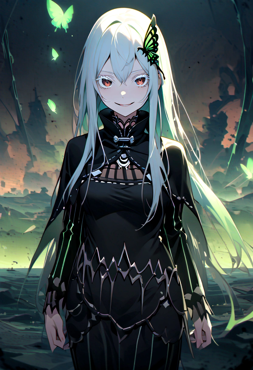 Absurd, High resolution, Super detailed, echidna, Brown eyes, Medium chest, Butterfly Hair Ornament, (Colored eyelashes:1.1), Capelet, Black Dress, Long sleeve, View your viewers, Wicked Smile, Otherworldly shades, Surreal Landscape, Invisible Light, Mysterious glow, Neon green glow, Vibrant colors, Ghostly Effects