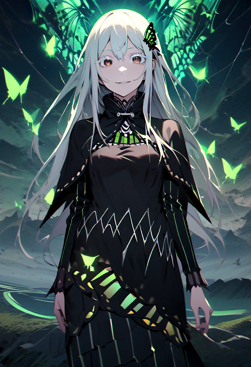 Absurd, High resolution, Super detailed, echidna, Brown eyes, Medium chest, Butterfly Hair Ornament, (Colored eyelashes:1.1), Capelet, Black Dress, Long sleeve, View your viewers, Wicked Smile, Otherworldly shades, Surreal Landscape, Invisible Light, Mysterious glow, Neon green glow, Vibrant colors, Ghostly Effects