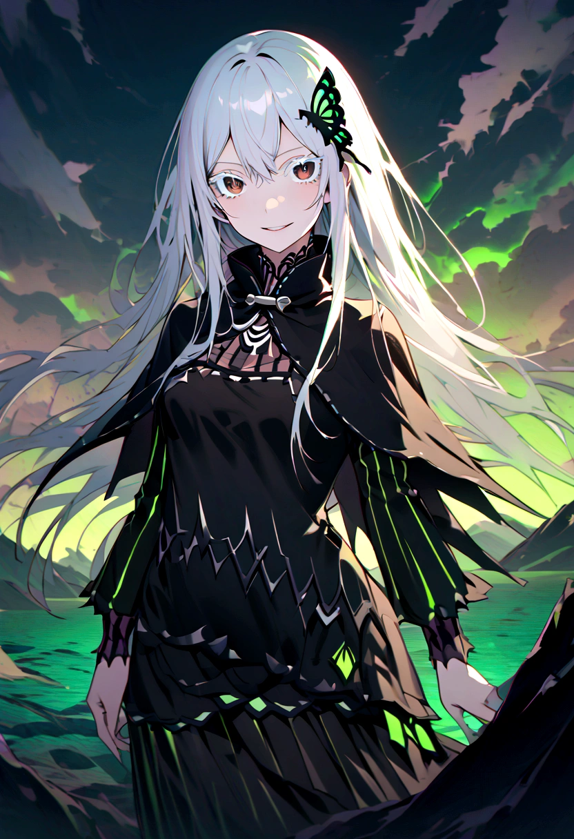 Absurd, High resolution, Super detailed, echidna, Brown eyes, Medium chest, Butterfly Hair Ornament, (Colored eyelashes:1.1), Capelet, Black Dress, Long sleeve, View your viewers, Wicked Smile, Otherworldly shades, Surreal Landscape, Invisible Light, Mysterious glow, Neon green glow, Vibrant colors, Ghostly Effects