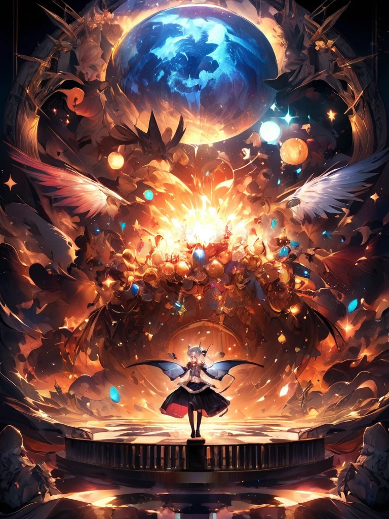 Magic wand、chandelier、cute、、Young girl、12Year、flight、Your eyes are bright and beautiful、whole body、Gray Hair、White Cat Ears、Cat'tail、Beautiful blue eyes、White Crown、White gem、piano、White Vampire Wings、Also々funny Face、beautiful、Black Moon、Lots of blue light、universe、Fantasy,Lots of light、gem、magic、AmbiLight,The colors are vibrant and bright,Black background,mist,Detailed Description,Rich details,An explosion of imagination,Surreal,Ultra-realistic,masterpiece,8k,Light,Tyndall effect