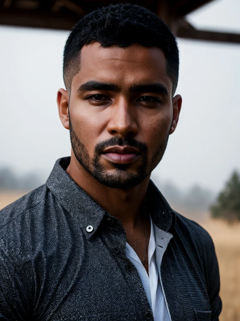 (photo RAW), Candid ((portrait)) photograph of a 28yo dg_Miguel man, anxious, short hair, plump, eyes, stubble,masterpiece, top quality, best quality, official art,intricate detailed,highest detailed,depth of field,bokeh,realistic natural lighting,complex, 4k HDR, dusty atmospheric haze, high quality textures of materials, volumetric textures, coating textures, ((shirt)),   