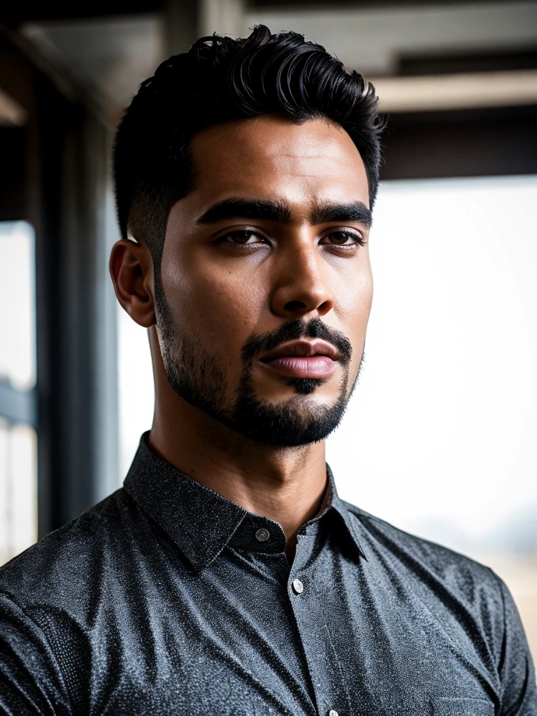 (photo RAW), Candid ((portrait)) photograph of a 28yo dg_Miguel man, anxious, short hair, plump, eyes, stubble,masterpiece, top quality, best quality, official art,intricate detailed,highest detailed,depth of field,bokeh,realistic natural lighting,complex, 4k HDR, dusty atmospheric haze, high quality textures of materials, volumetric textures, coating textures, ((shirt)),   