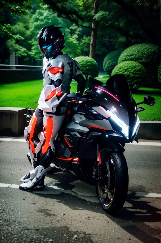 Handsome full body black mecha White short hair cyber handsome warrior, Black cybernetic motorcycle, High-tech black full face helmet, White short hair, Noel, biology, MSHN Staff, High-tech helmet, Surrealism, steel, Complex design, Crazy details, Fine details, The lines are very clear, Light, Photorealism, A meticulous masterpiece