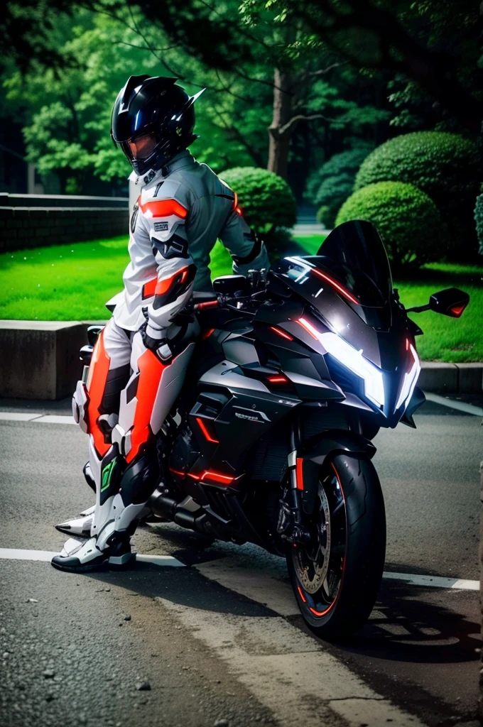 Handsome full body black mecha White short hair cyber handsome warrior, Black cybernetic motorcycle, High-tech black full face helmet, White short hair, Noel, biology, MSHN Staff, High-tech helmet, Surrealism, steel, Complex design, Crazy details, Fine details, The lines are very clear, Light, Photorealism, A meticulous masterpiece