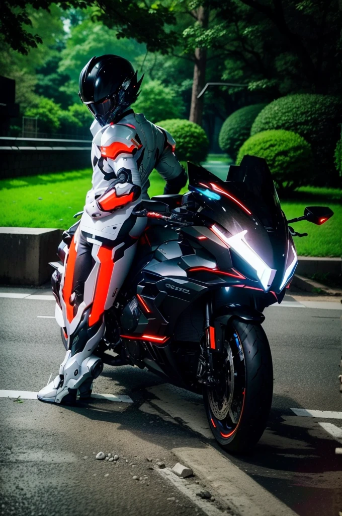 Handsome full body black mecha White short hair cyber handsome warrior, Black cybernetic motorcycle, High-tech black full face helmet, White short hair, Noel, biology, MSHN Staff, High-tech helmet, Surrealism, steel, Complex design, Crazy details, Fine details, The lines are very clear, Light, Photorealism, A meticulous masterpiece