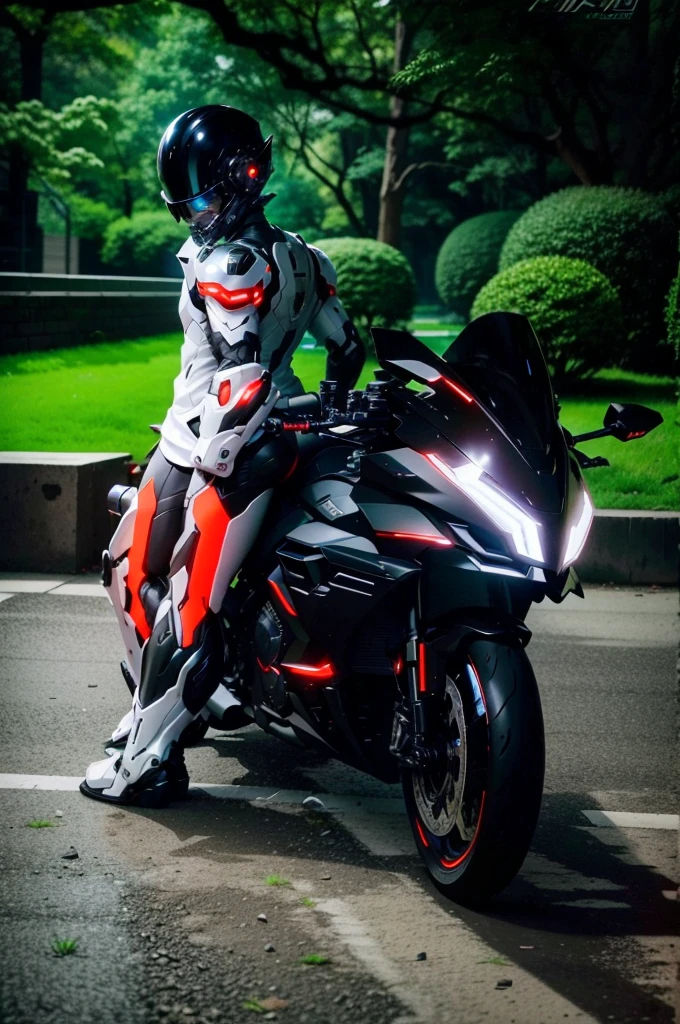Handsome full body black mecha White short hair cyber handsome warrior, Black cybernetic motorcycle, High-tech black full face helmet, White short hair, Noel, biology, MSHN Staff, High-tech helmet, Surrealism, steel, Complex design, Crazy details, Fine details, The lines are very clear, Light, Photorealism, A meticulous masterpiece