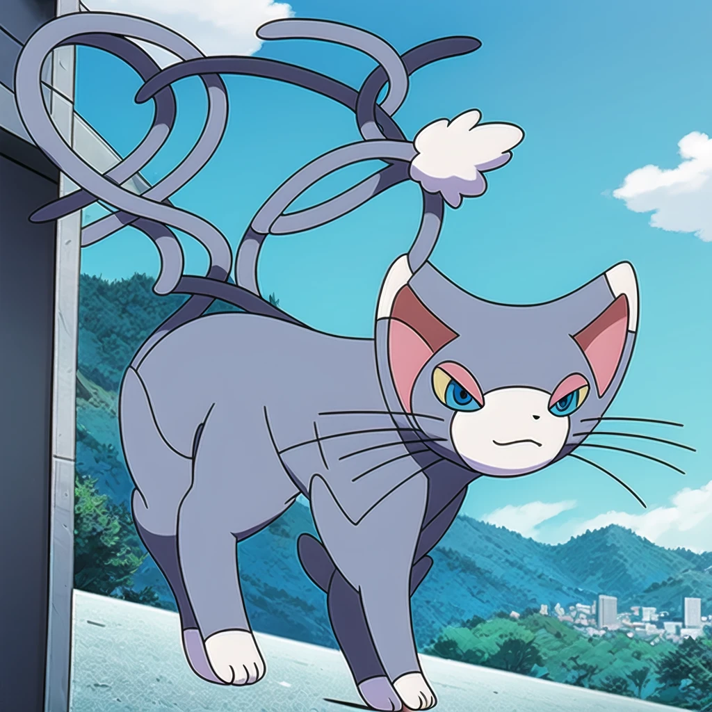 (masterpiece, best quality:1.2),solo,glameow \(pokemon\),pokemon \(creature\),full body,no humans,cat,blue eyes,grey fur,tail,city background