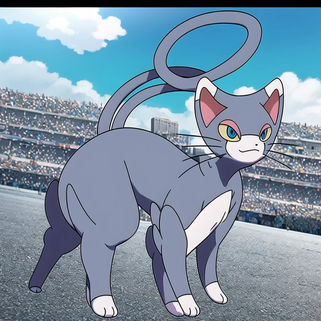 (masterpiece, best quality:1.2),solo,glameow \(pokemon\),pokemon \(creature\),full body,no humans,cat,blue eyes,grey fur,tail,city background