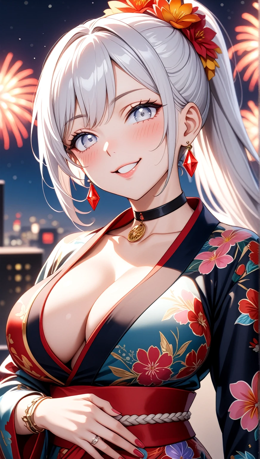 ((One personの女性)), Beautiful Face,Laughing shyly,((Wink:2.0)),Laugh with your mouth wide open((Bright red cheeks:1.4)),Glossy pink lips,night,rooftop,Festive decorations,You can see the ocean, firework,Laughing with your mouth open,Glossy pink lips,Lighting on the face,((Anime style background)),masterpiece, Highest quality, so beautiful,Latest, Complex details, (Pink long nails),(ring),(bracelet),(choker),AI-generated, Complex,High resolution, Highest quality, super high quality,3D Images、View your viewers、3D Images,One person,Long white hair,High Ponytail,(blue eyes),Anime woman posing for a photo, ((Fine grain、Silvery white colorful eyes、Shining Eyes:1.4)),(Squint your eyes:1.1),a hyperRealistic , hyperRealistic , Realistic,Anime woman with long and white hair, Smooth anime CG art, A woman in a colorful kimono with gold embroidery, (Black long sleeve kimono),Red floral pattern,Long flower hair ornament,Big earrings,Mature Body,(Big Breasts:1.1),Tall,Abdominal muscles,Narrow waist,(Zoom in on face:1.5),Shooting from below at an angle