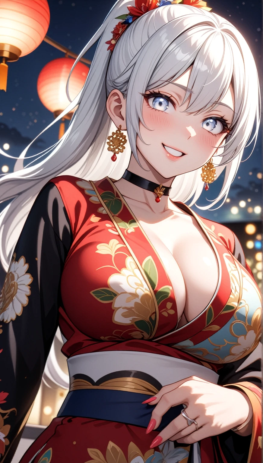 ((One personの女性)), Beautiful Face,Laughing shyly,((Wink:2.0)),Laugh with your mouth wide open((Bright red cheeks:1.4)),Glossy pink lips,night,rooftop,Festive decorations,You can see the ocean, firework,Laughing with your mouth open,Glossy pink lips,Lighting on the face,((Anime style background)),masterpiece, Highest quality, so beautiful,Latest, Complex details, (Pink long nails),(ring),(bracelet),(choker),AI-generated, Complex,High resolution, Highest quality, super high quality,3D Images、View your viewers、3D Images,One person,Long white hair,High Ponytail,(blue eyes),Anime woman posing for a photo, ((Fine grain、Silvery white colorful eyes、Shining Eyes:1.4)),(Squint your eyes:1.1),a hyperRealistic , hyperRealistic , Realistic,Anime woman with long and white hair, Smooth anime CG art, A woman in a colorful kimono with gold embroidery, (Black long sleeve kimono),Red floral pattern,Long flower hair ornament,Big earrings,Mature Body,(Big Breasts:1.1),Tall,Abdominal muscles,Narrow waist,(Zoom in on face:1.5),Shooting from below at an angle
