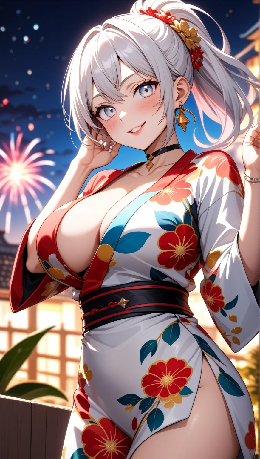 ((One personの女性)), Beautiful Face,Laughing shyly,((Wink:2.0)),Laugh with your mouth wide open((Bright red cheeks:1.4)),Glossy pink lips,night,rooftop,Festive decorations,You can see the ocean, firework,Laughing with your mouth open,Glossy pink lips,Lighting on the face,((Anime style background)),masterpiece, Highest quality, so beautiful,Latest, Complex details, (Pink long nails),(ring),(bracelet),(choker),AI-generated, Complex,High resolution, Highest quality, super high quality,3D Images、View your viewers、3D Images,One person,Long white hair,High Ponytail,(blue eyes),Anime woman posing for a photo, ((Fine grain、Silvery white colorful eyes、Shining Eyes:1.4)),(Squint your eyes:1.1),a hyperRealistic , hyperRealistic , Realistic,Anime woman with long and white hair, Smooth anime CG art, A woman in a colorful kimono with gold embroidery, (Black long sleeve kimono),Red floral pattern,Long flower hair ornament,Big earrings,Mature Body,(Big Breasts:1.1),Tall,Abdominal muscles,Narrow waist,(Zoom in on face:1.5),Shooting from below at an angle