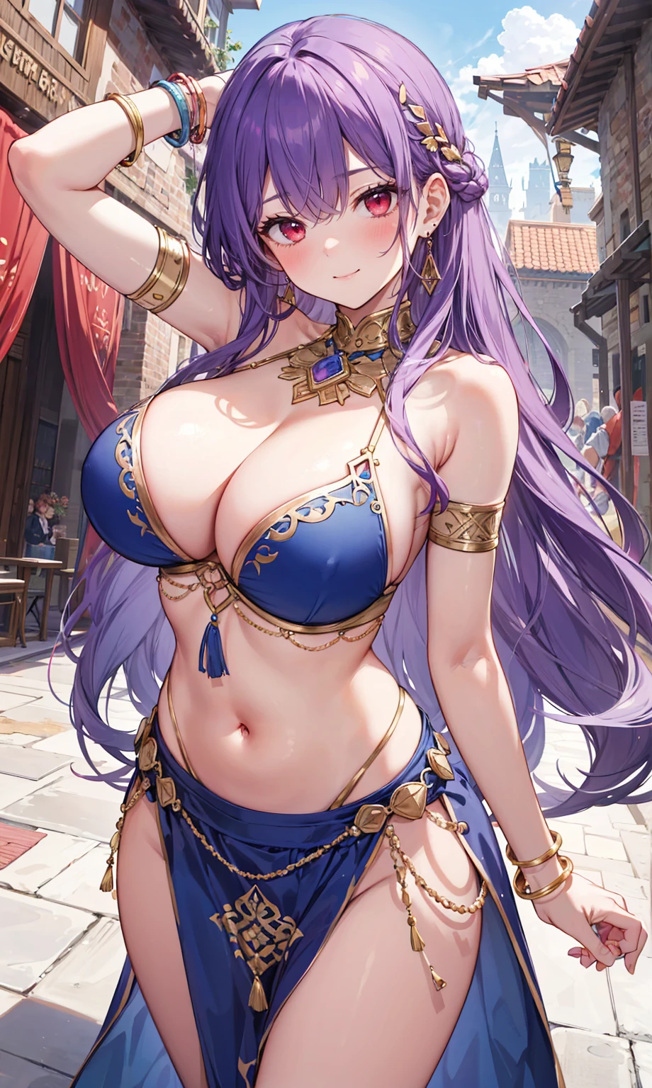 high quality, ultra detailed, best quality, insanely detailed, beautiful, masterpiece, 1girl, medieval plaza, cowboy shot, red eyes, long hair, purple hair, belly dancer, circlet, earrings, armlets, bracelets, bashful smile, large breasts, cleavage, soft stomach