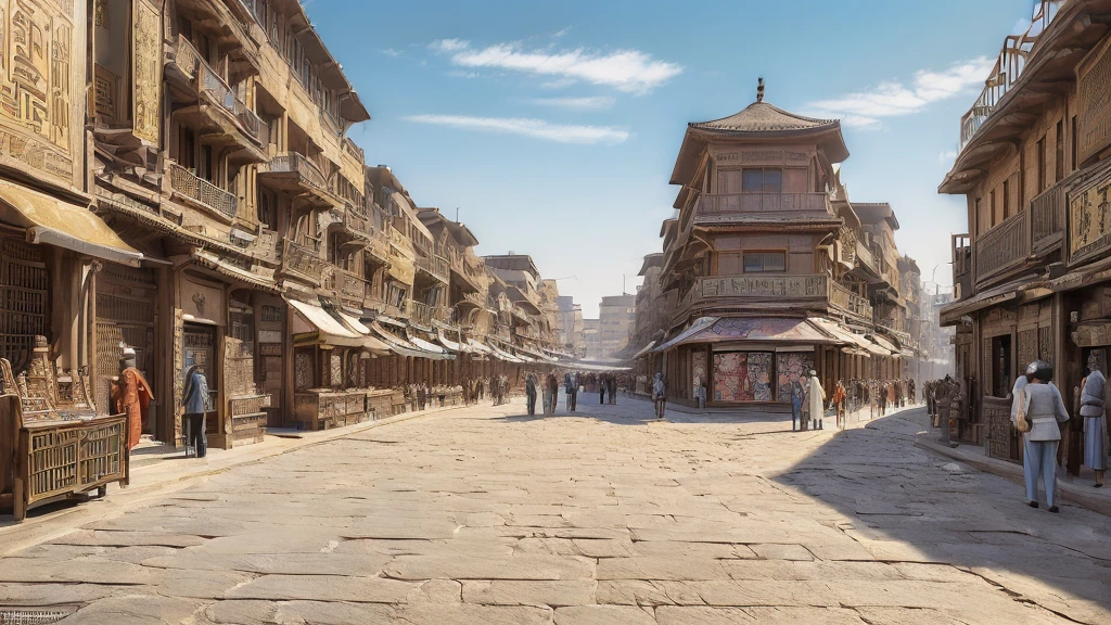 ((background only:2))(absurdres, highres, ultra detailed),masterpiece,best quality,high resolution,8k, stunning clarity,,Steampunk in the Edo Period、(Vivid hieroglyph signs and street advertisements:1.2)、busy、autumn、hieroglyph,souk、Shopping Street、Ancient Egyptian statues,Daytime,kimono with arabic mozaic,congestion