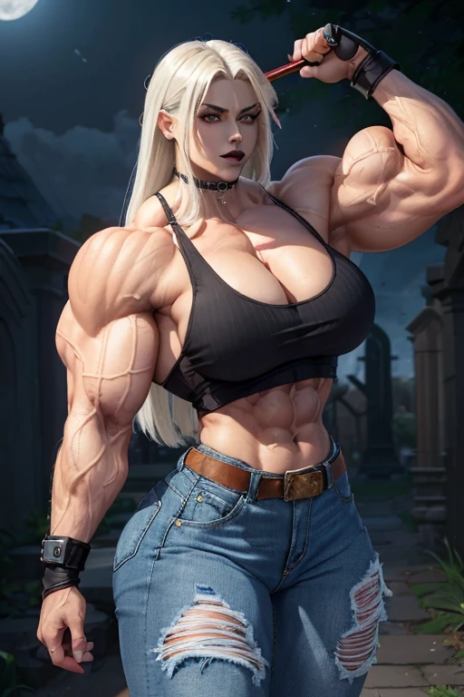 (((((Massive, beautiful, light brown skinned, buff, muscular female vampire slayer with white hair, black lipstick, ginormous bulky muscles, holding a wooden stake and wearing a tight tank top and denim pants))))), (close view), (massive muscle), massive biceps, hyper muscle shoulders, vascular shoulders, hyper muscle triceps, (long straight hair), blue eyes, (gauntlets), denim pants, chain belt, choker, thigh high heels, (in a moonlit graveyard), fingerless gloves, closed smile, night, hyper vascular arm, hyper muscles arms, hyper muscle legs, massive arms.