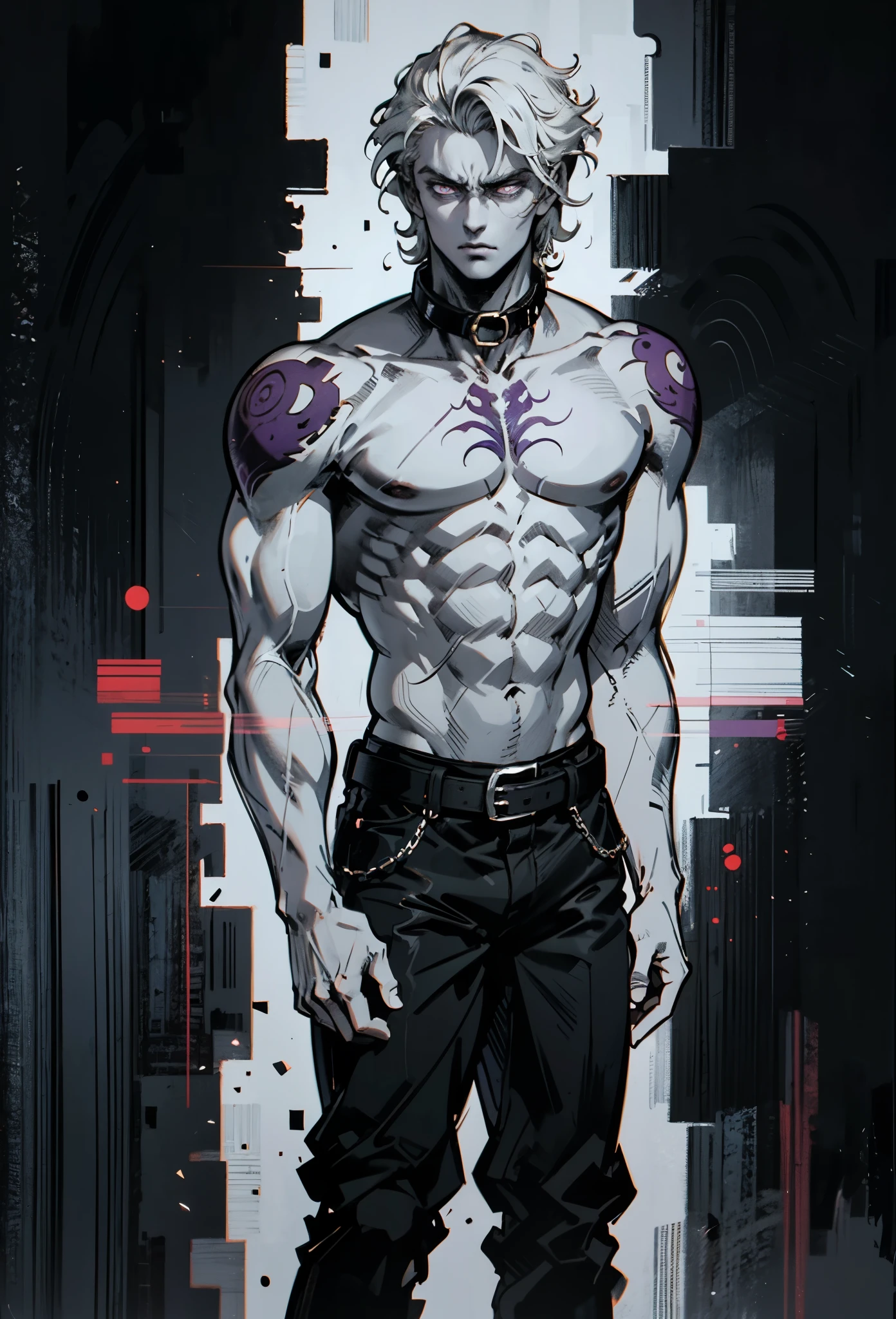 A young man with short gray hair, completely white skin, pale skin, resolute eyes, handsome face, serious expression, a metal collar around his neck, his upper body is bare, a slender yet muscular build, a purple demon tattoo is on his left shoulder, a black and white belt, cloth trousers, emitting a purple aura, he stands in a mining valley, the ground around him glowing red and cracking open, this character embodies a finely crafted fantasy-style slave warrior in anime style, exquisite and mature manga art style, dramatic, high definition, best quality, highres, ultra-detailed, ultra-fine painting, extremely delicate, professional, perfect body proportions, golden ratio, anatomically correct, symmetrical face, extremely detailed eyes and face, high quality eyes, creativity, RAW photo, UHD, 32k, Natural light, cinematic lighting, masterpiece-anatomy-perfect, masterpiece:1.5