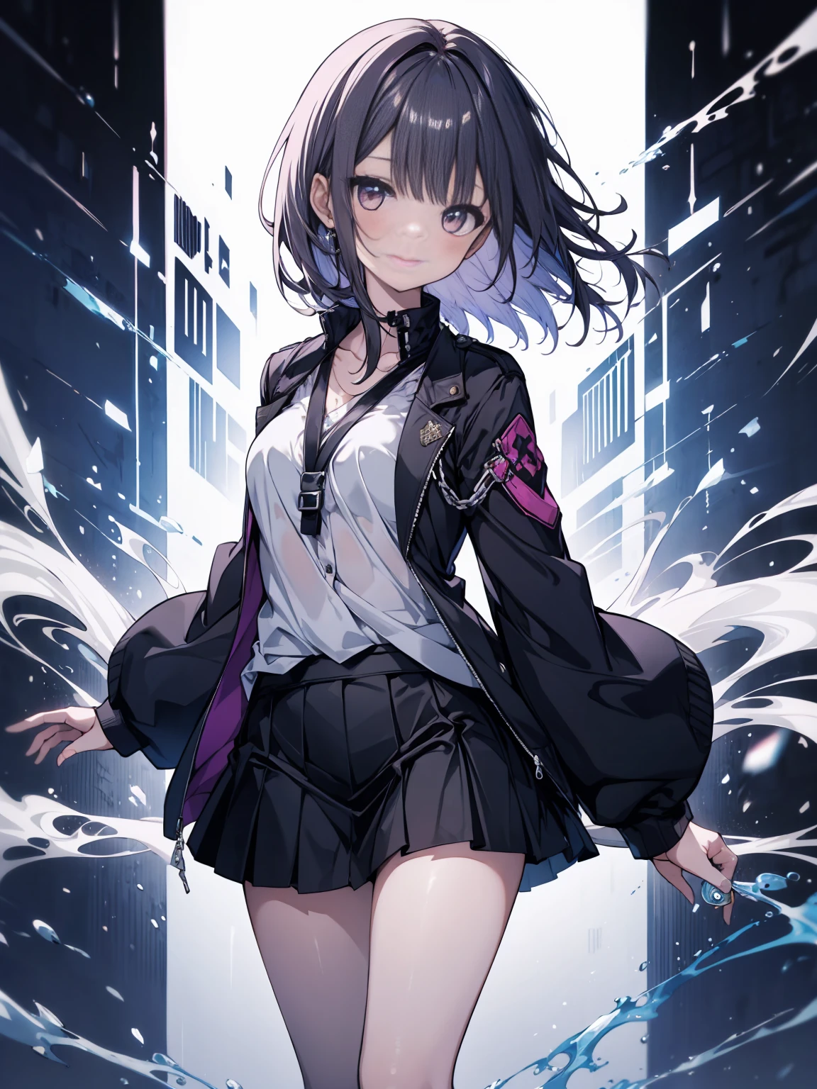 (masterpiece, highest quality, highest quality, (No text), Beautiful and aesthetic:1.2),No text,anime、 BREAK,One Girl，Short black hair　Beautiful eyes　Red eyes　cool　smile　cute　Black jacket　mini skirt　whole body　night